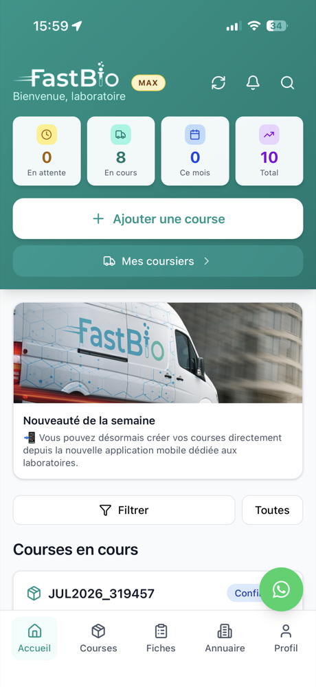 Écran d'accueil de l'application FastBio Labo